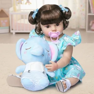 Boneca Reborn Menina com Elefante Azul de pelúcia